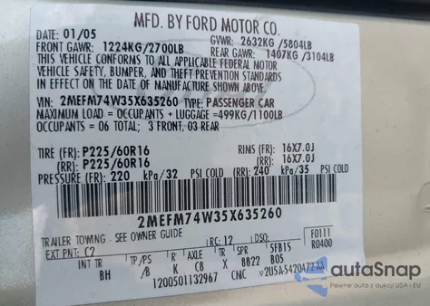 2005 Mercury Grand Marquis Gs from USA, damaged, VIN 2MEFM74W35X635260